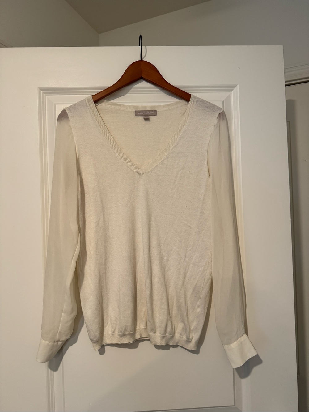 Banana Republic Cream V-Neck Sweater with Sheer Long Sleeves